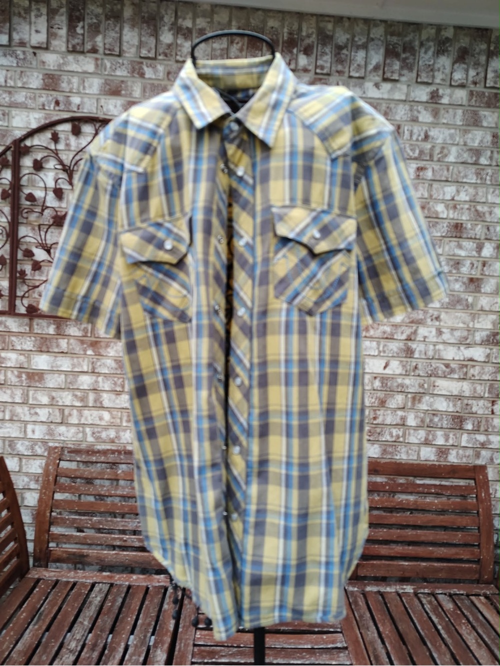 True Religion Pearl Snap Western Shirt Short Sleeve Yellow Plaid Men’s XL EUC.